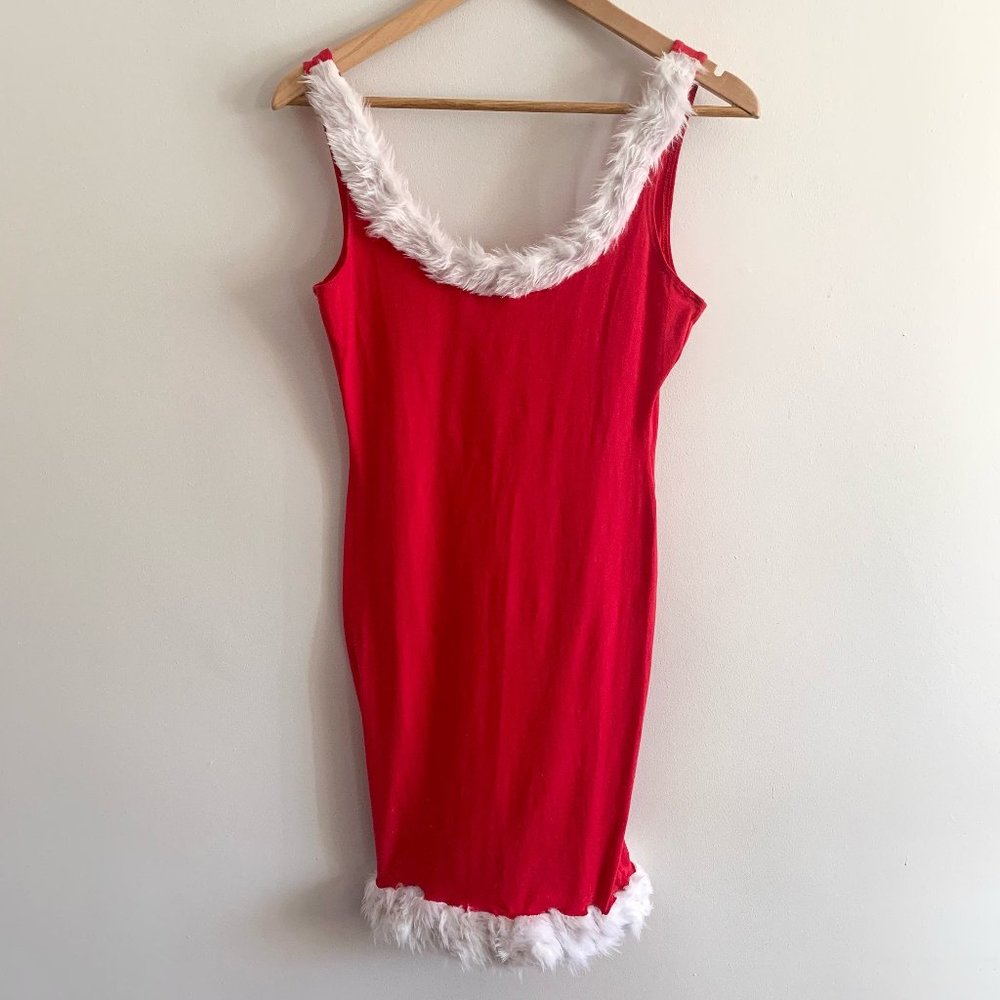 Retro Xmas Red White Fur Wiggle Dress (Size M-L)